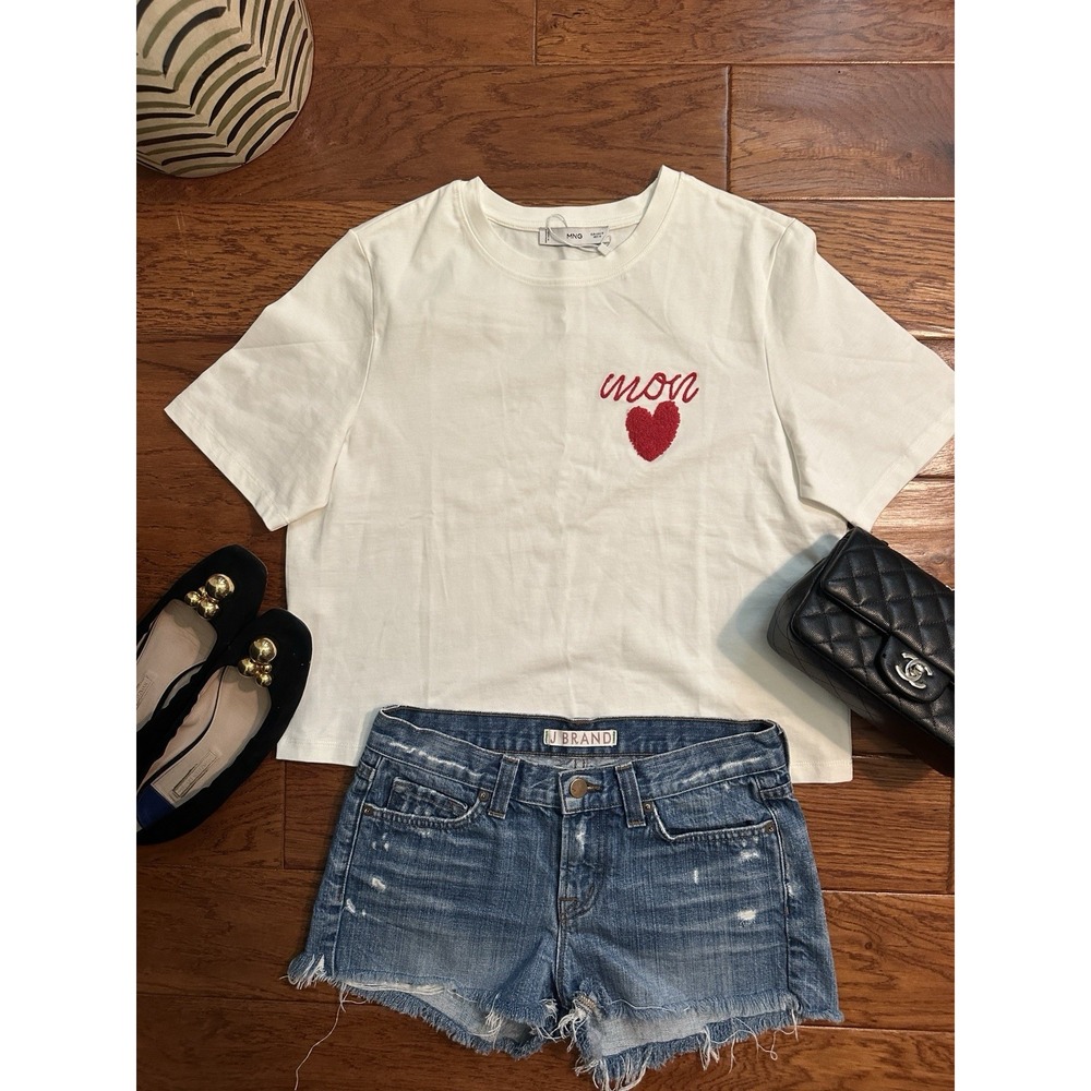 NWT MANGO Womens M White Mon Heart Embroidered Heavyweight Cotton T-Shirt Tee